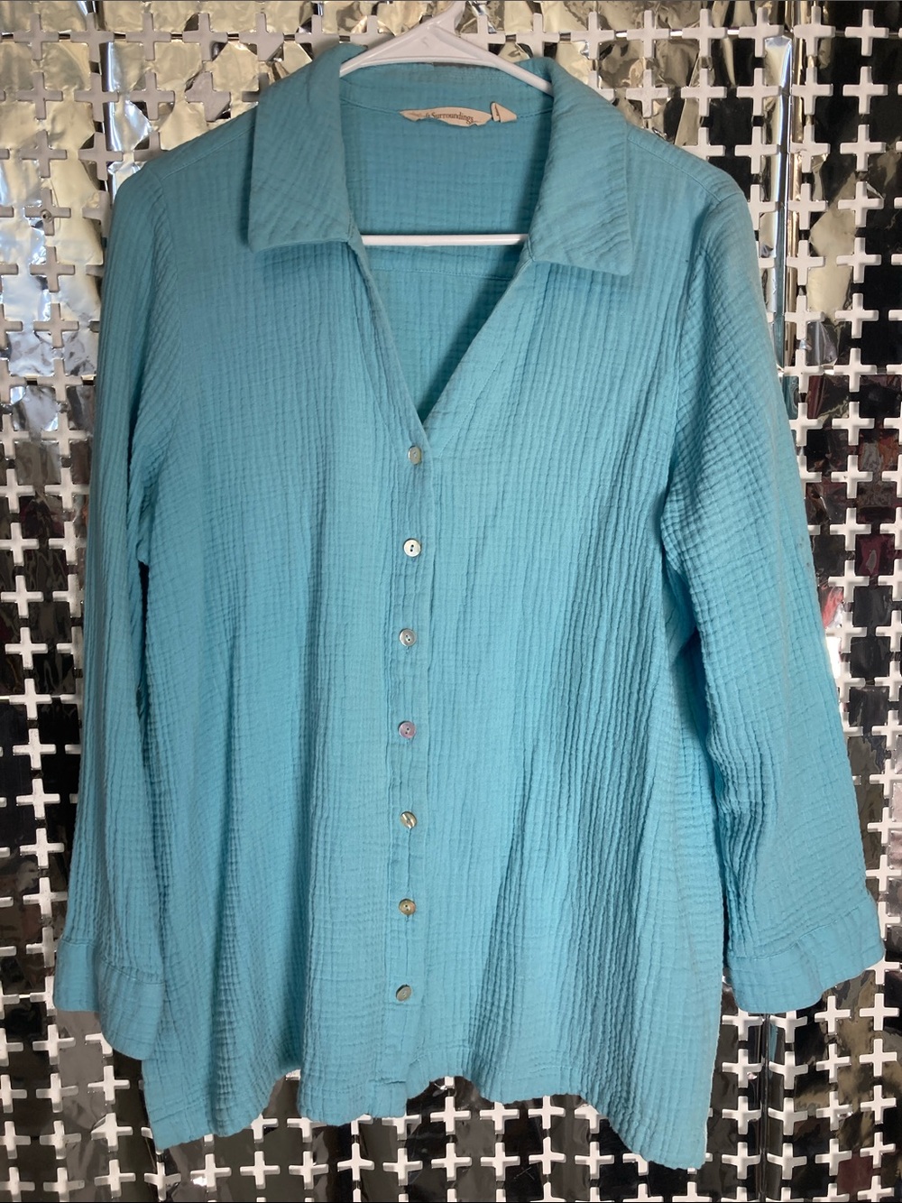 Soft Surroundings Seafoam Button-Down Textured Shirt
